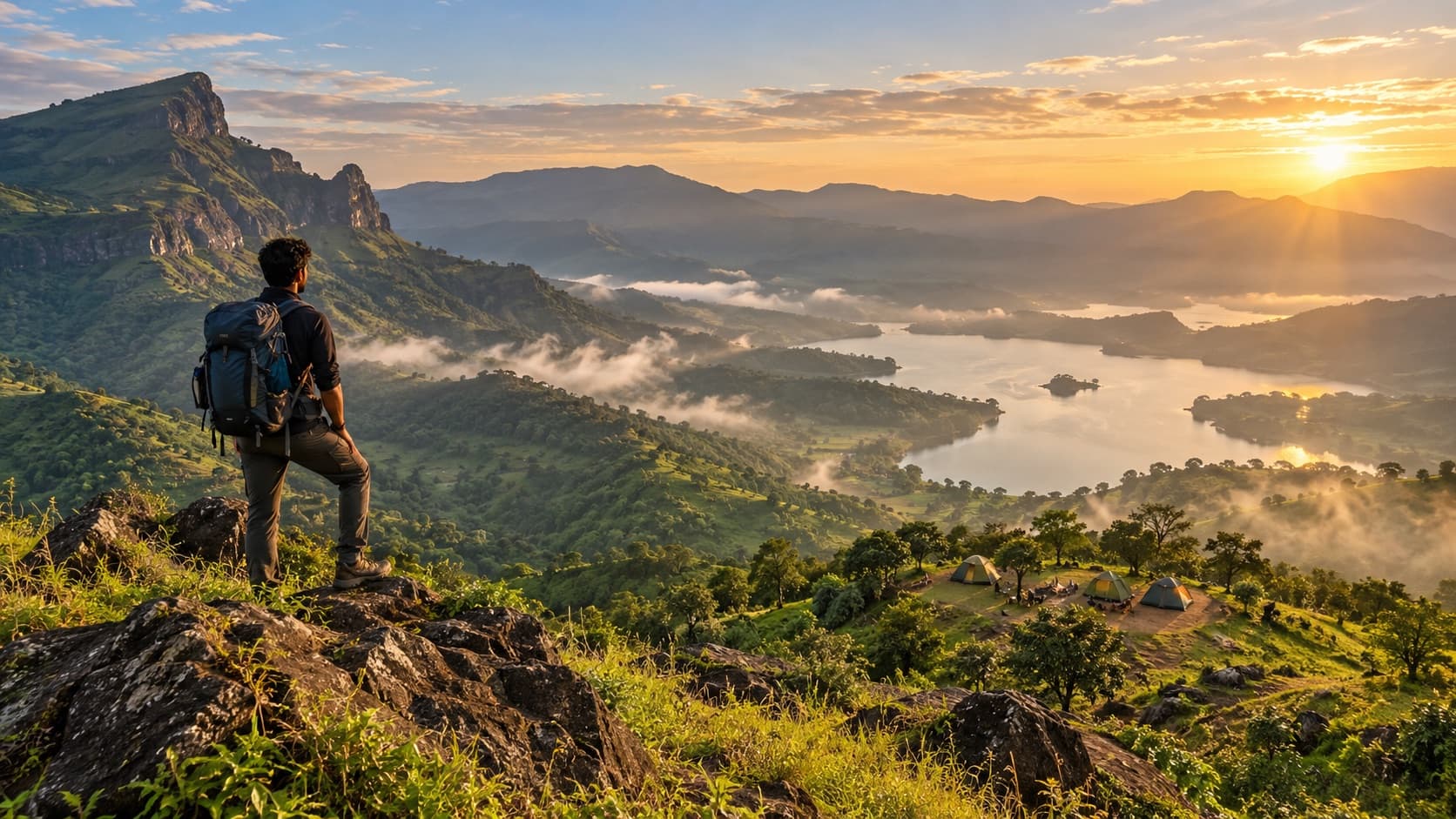 Hiker overlooking a valley with a campsite below in Maharashtra