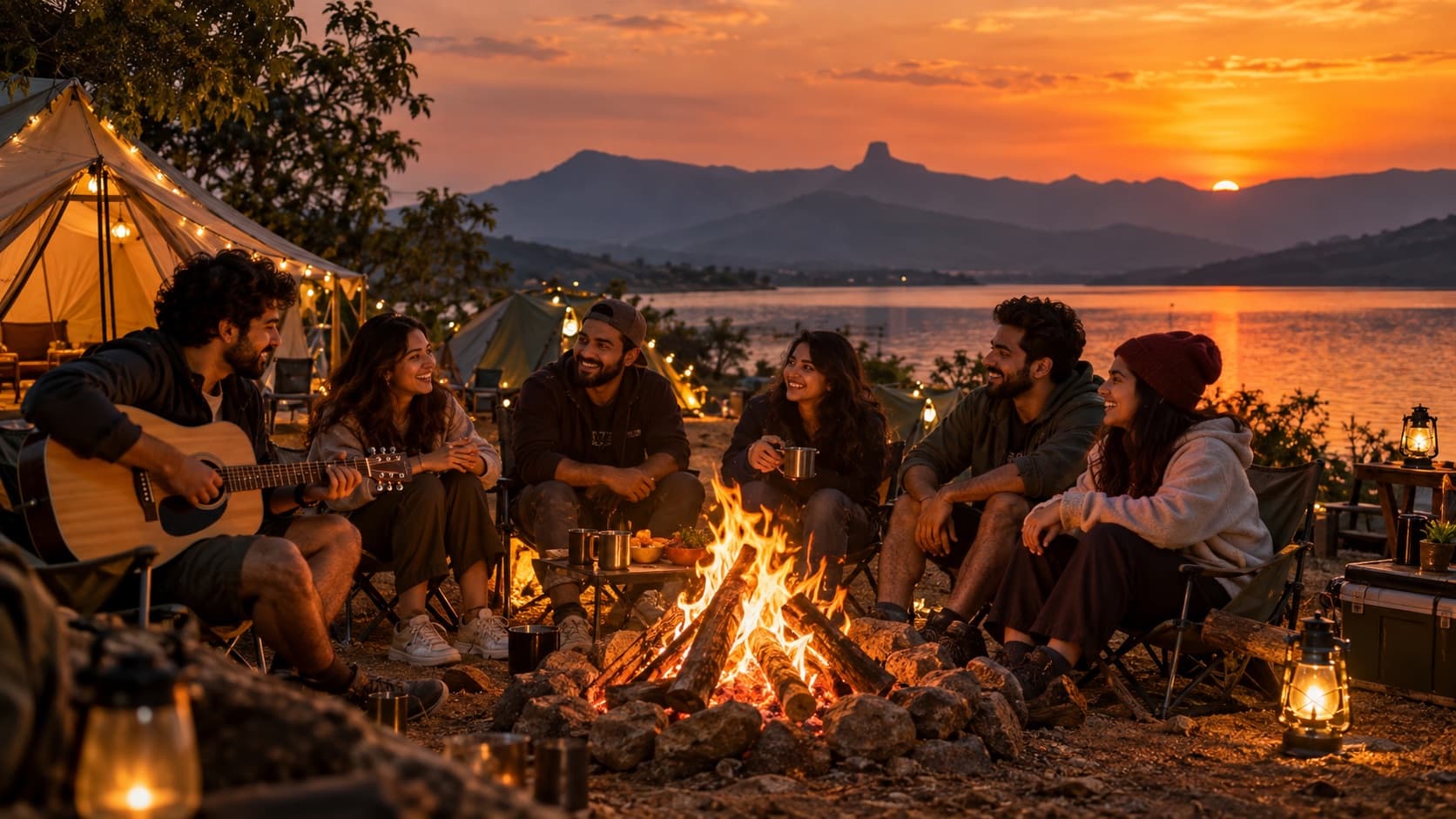 Friends around a bonfire at a Maharashtra campsite