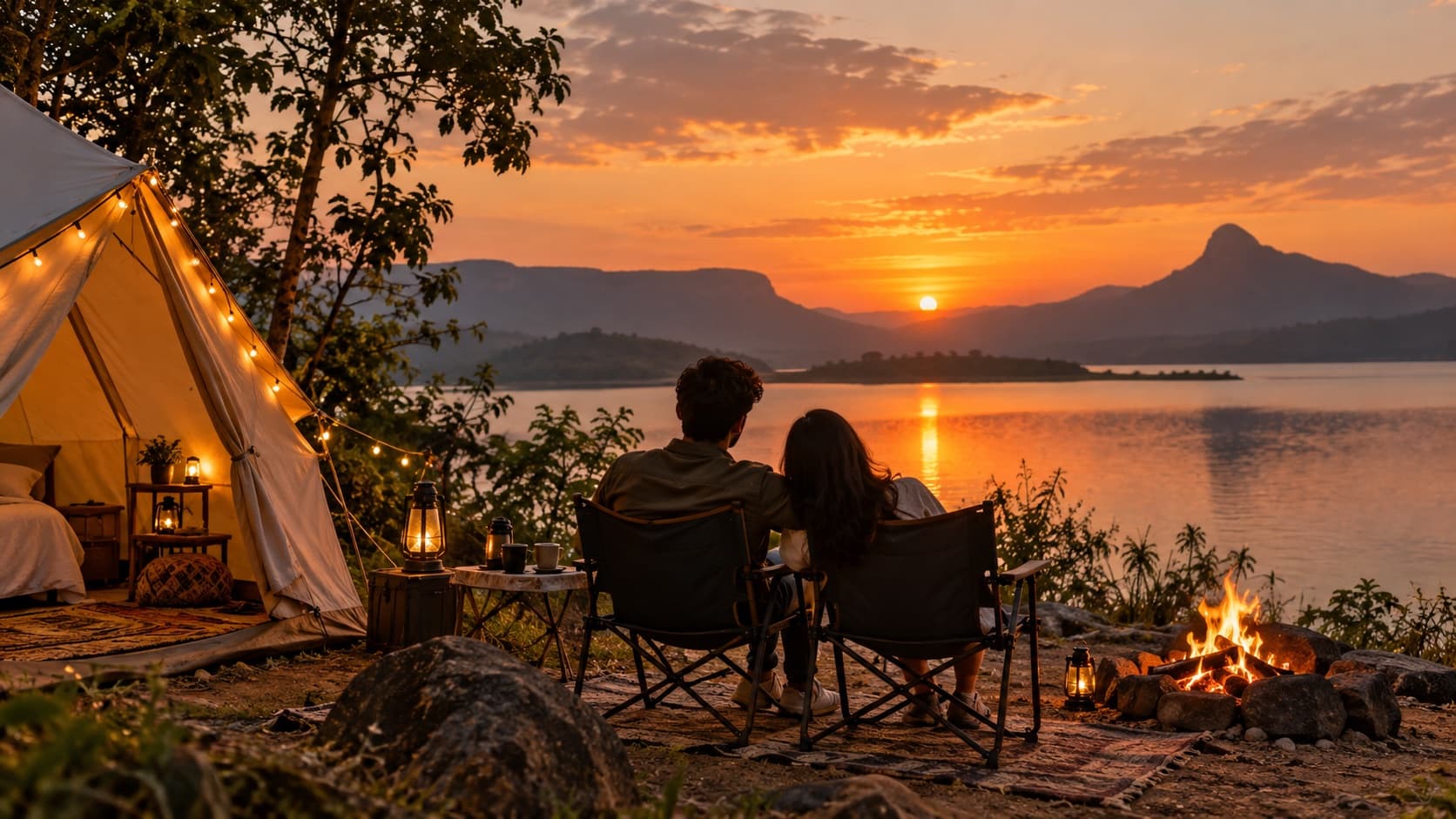 Couple watching the sunset at a Maharashtra campsite