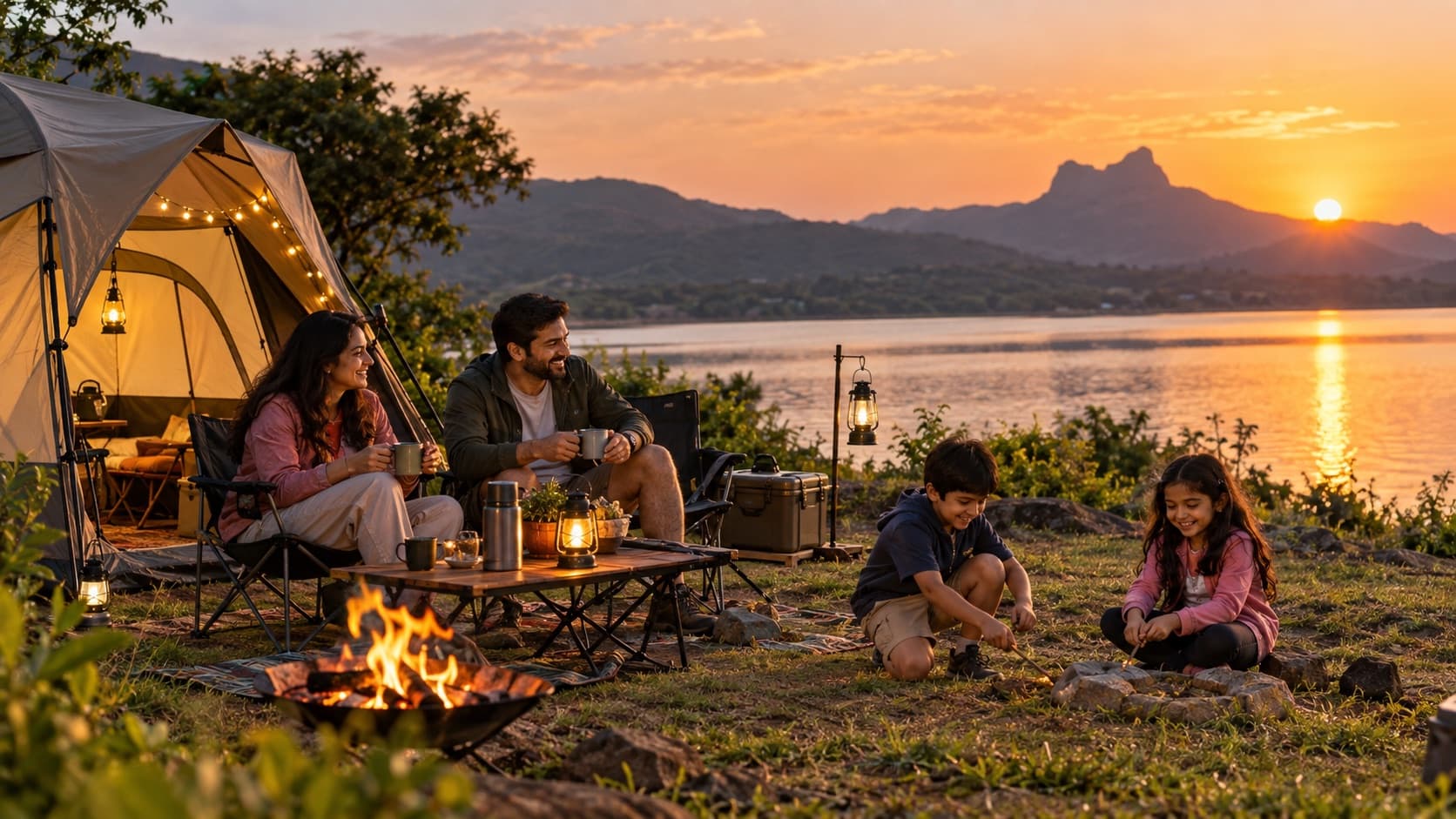 Family camping beside a lake in Maharashtra