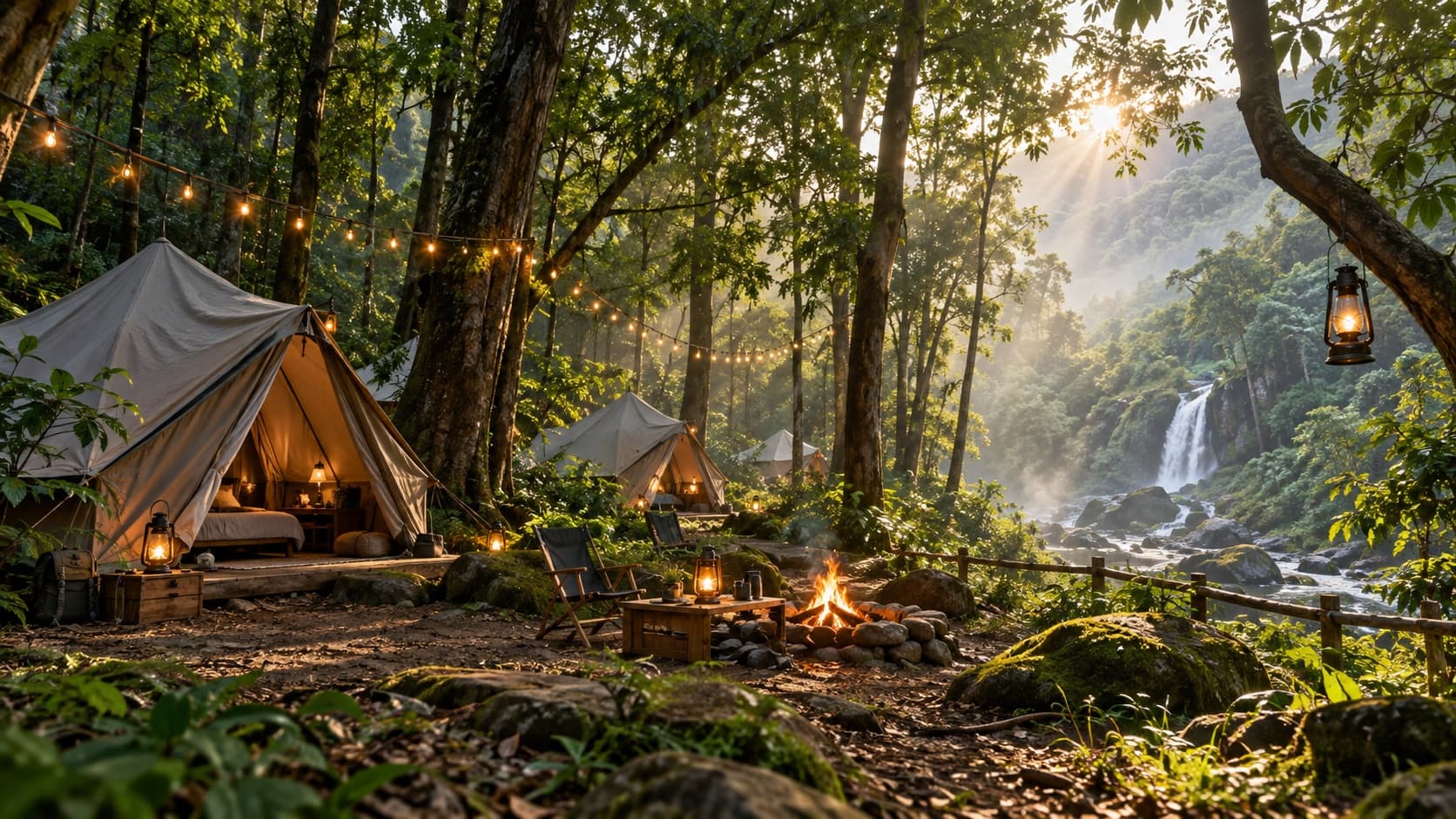 Forest camping beside a waterfall in Maharashtra