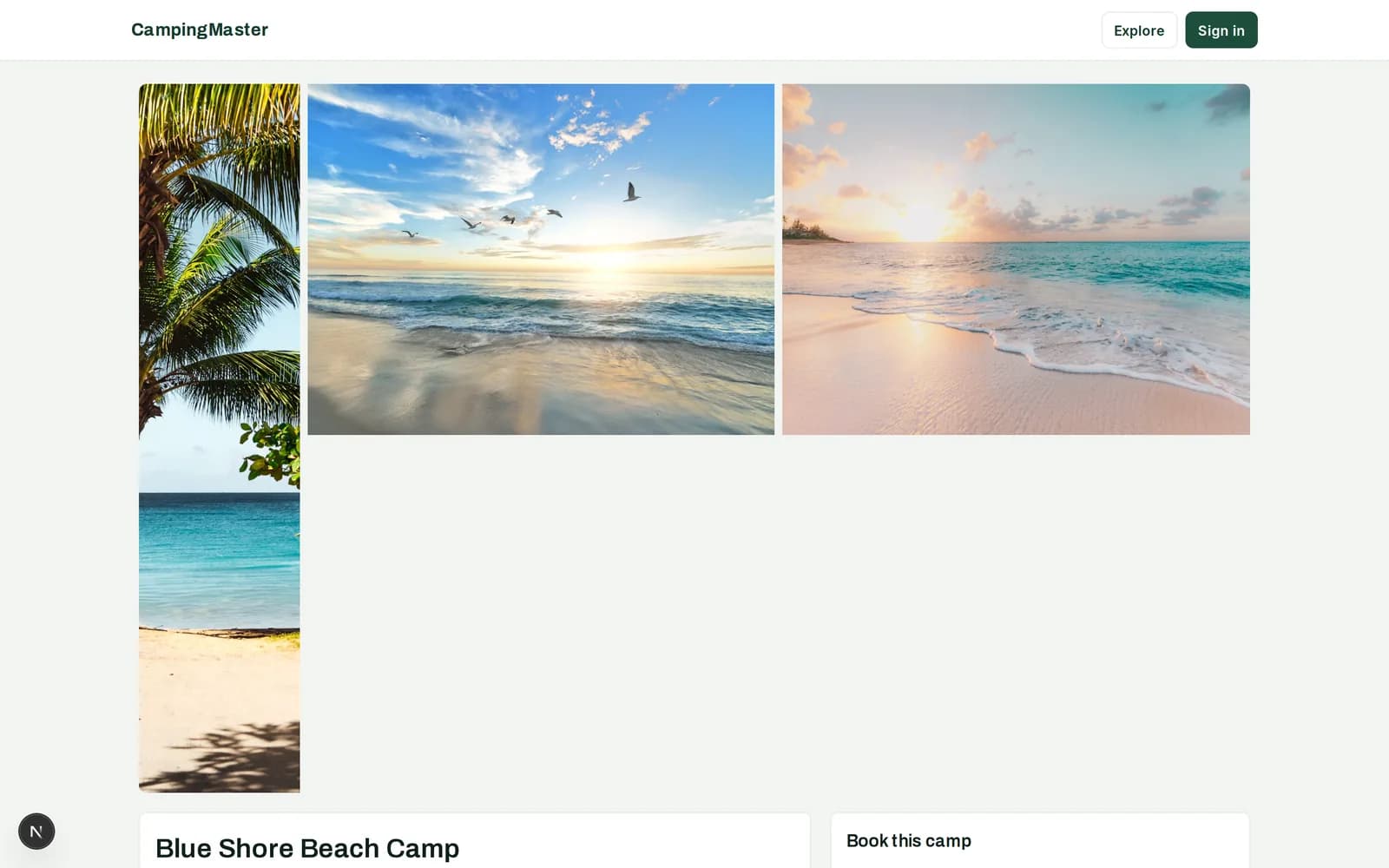 A camp page showing photos, amenities, activities and a booking panel with a colour-coded availability calendar