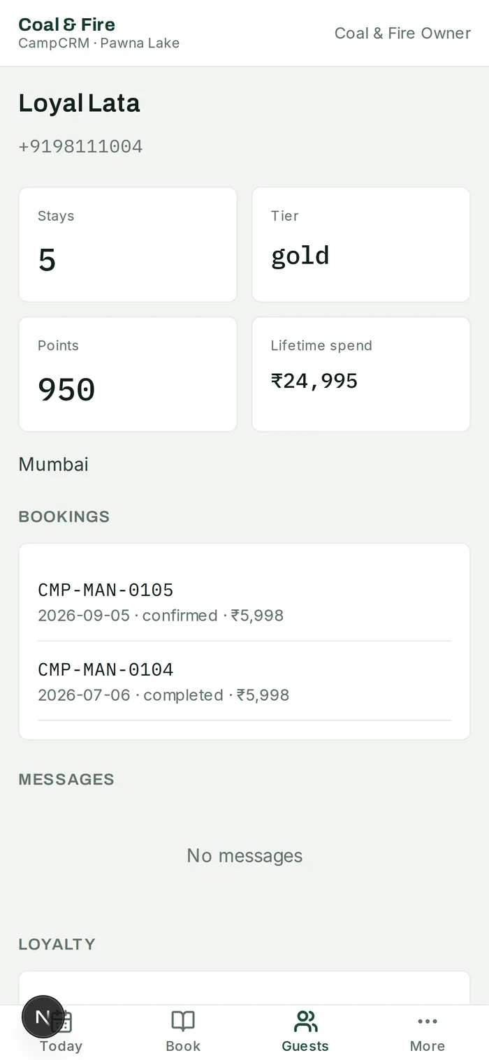 A customer profile in CampJatra showing 5 stays, gold tier, 950 loyalty points, ₹24,995 lifetime spend, and a list of bookings