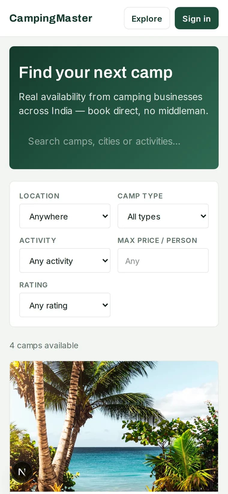 The CampJatra marketplace on a phone, showing camp cards with photos, ratings and starting prices