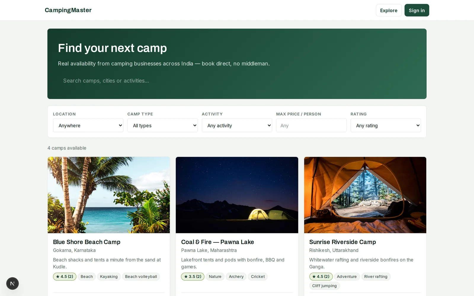The CampJatra marketplace listing published camps across India, each with a rating, activities and a starting price